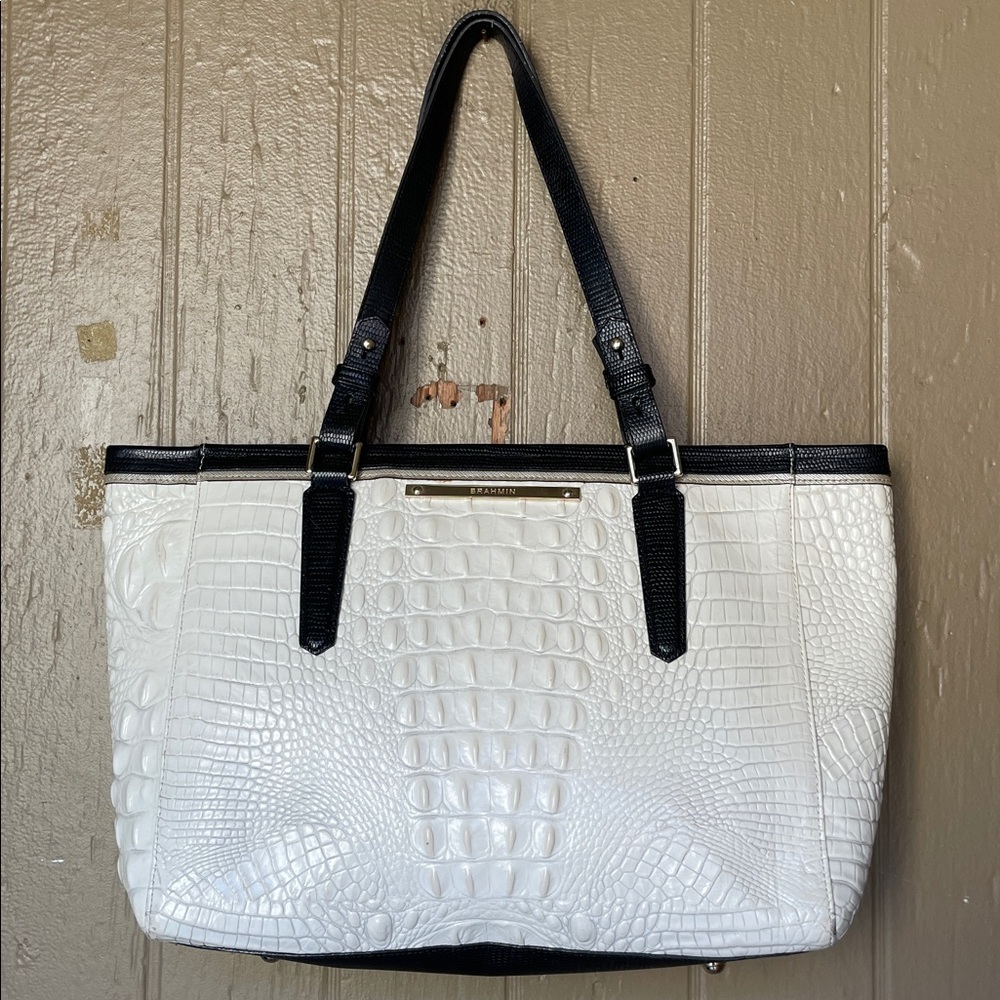 Brahmin Asher Elegant White Crocodile-Embossed Tote Bag